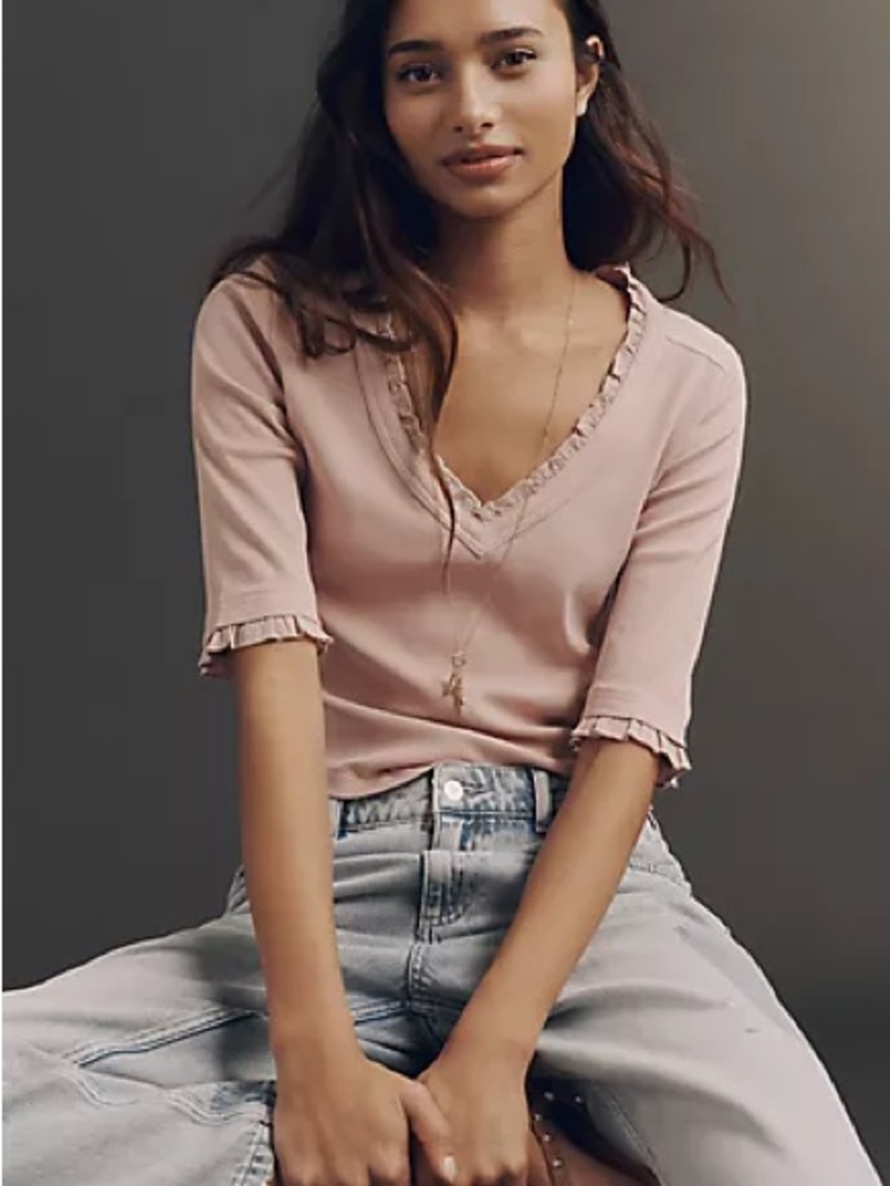 Nwot Pilcro Dusty Rose Ruffle V-Neck Tee